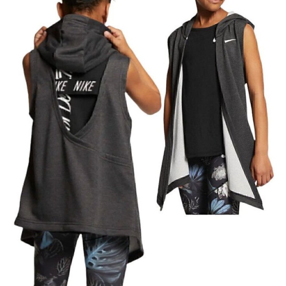 Nike Girls L Youth Wrap Vest Hoodie Training Gray AR0445-010 Gym Run Park Sports
